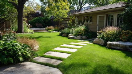 Obraz premium Lush green garden with stone pathway leading towards a cozy house, surrounded by vibrant flowers and serene trees.