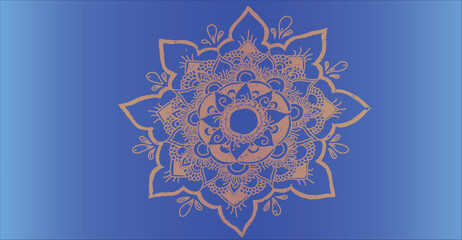 Intricate golden mandala design centered on a gradient blue background, symmetrical and detailed.