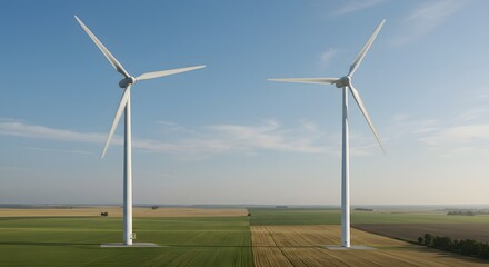 Two wind turbines stand tall in a field, generating clean energy under a bright blue sky.