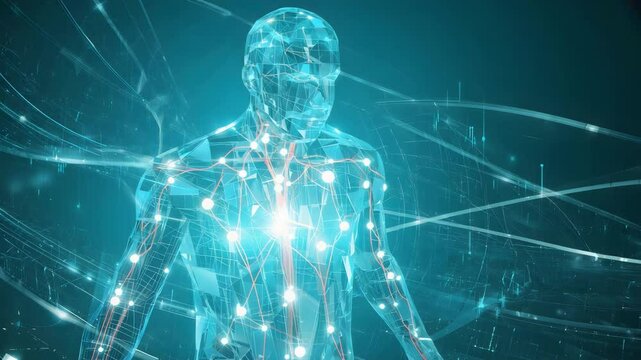 A glowing blue wireframe human figure with bright spots and connecting lines on a dark background. Glowing human made of data. Futuristic body of circuits. Digital figure in cyberspace