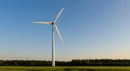 Fototapeta premium A solitary wind turbine stands tall against a clear blue sky, positioned over a grassy field and forest line.