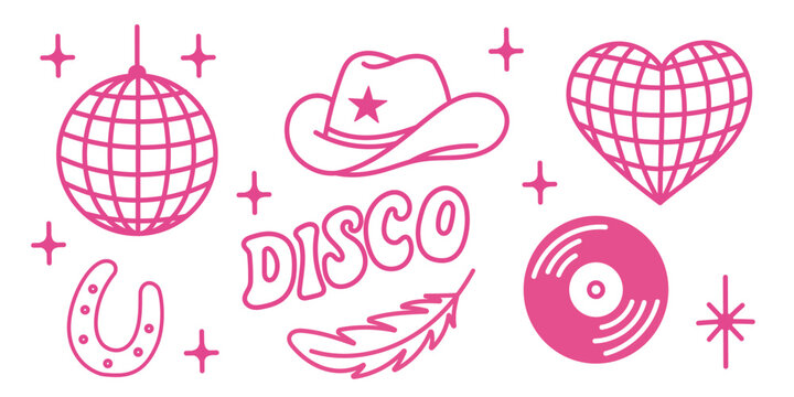 Disco ball with cowboy and cowgirl hats in western style, illuminated by shiny lights, for a retro party or country music festival, or a wild west themed event.