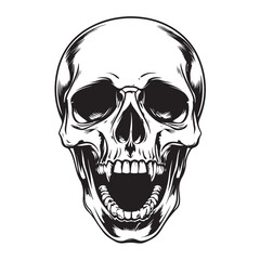 Fototapeta premium Terrifying screaming skull vector silhouette, Skull Tattoo Vector Art Illustration, Human skull vector illustration, Detailed vintage art silhouette of a human skull 