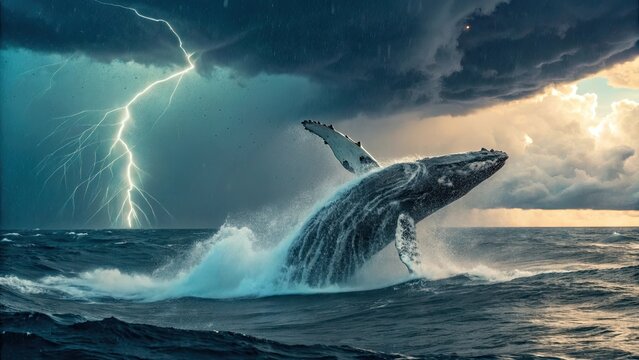 A majestic leviathan breaking through the ocean surface beneath a stormy sky, powerful and immense