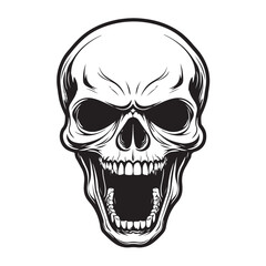 Fototapeta premium Terrifying screaming skull vector silhouette, Skull Tattoo Vector Art Illustration, Human skull vector illustration, Detailed vintage art silhouette of a human skull 