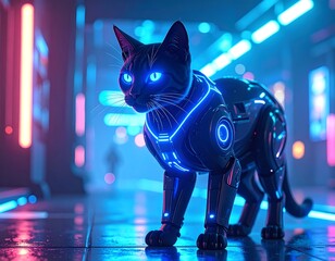 Futuristic robot cat in neon city