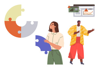 Woman holding puzzle piece, man presenting data on charts, colored puzzle circle. Ideal for teamwork, innovation, strategy, data analysis, goal alignment, cooperation simple flat metaphor