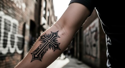 A close-up of a detailed gothic cross tattoo on a man's forearm in an urban alleyway setting, symbolizing faith and personal belief.