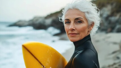 A woman in wetsuit holding a yellow surfboard, smiling at the camera. She is wearing a black wetsuit and has grey hair. The setting appears to be a coastal area during daytime.