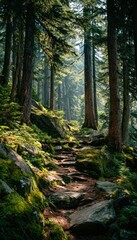 Obraz premium Forest trail bathed in sunlight