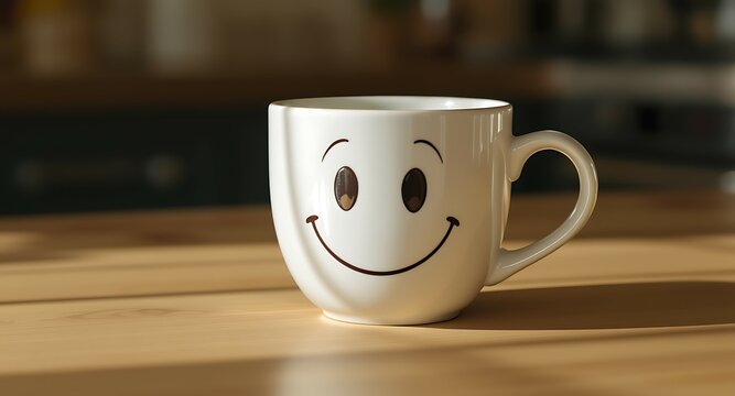 A cheerful white coffee mug with a simple smiley face, sitting on a wooden table in the warm sunlight