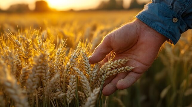 Farmer inspecting damaged wheat crop in field