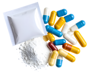 Pile of Assorted Supplement Capsules and Open Powder Sachet, Top-Down View, Transparent PNG