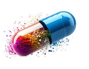 Split Open Capsule with Colorful Powder Spilling Out, 3D Render, Transparent Background