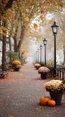 Foggy Autumn Park Path with Pumpkins and Chrysanthemums – Tranquil Urban Scene Evoking Seasonal Stillness and Botanical Rituals