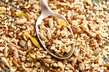 Dried sunflower, pumpkin, flax and sesame seeds in metal spoon. Organic dietary mix. Top view