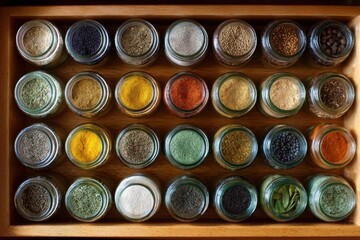 Assorted Spices and Herbs in Glass Jars on Wooden Shelf Display