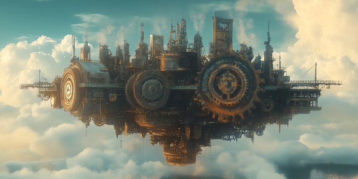 Futuristic Industrial Cityscape Floating in Sky with Cloud Reflection