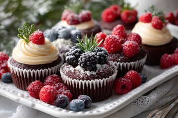 Delicious Assorted Chocolate Cupcakes with Berries and Cream
