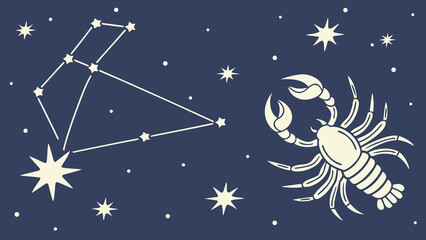 Fototapeta premium A stylized illustration of the Scorpio constellation, featuring its prominent stars and a scorpion, set against a deep blue night sky.