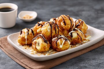 Delicious Golden Fried Balls with Chocolate and Cream Sauce Drizzle