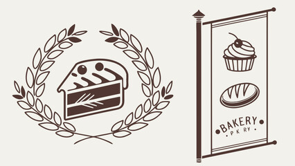 A vintage bakery logo featuring a slice of cake and various baked goods, complemented by a decorative laurel wreath.