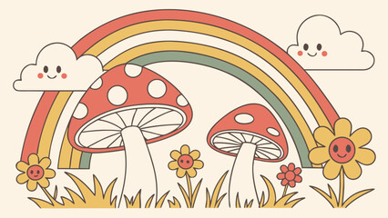 Colorful cartoon mushrooms and smiling flowers under a cheerful rainbow.