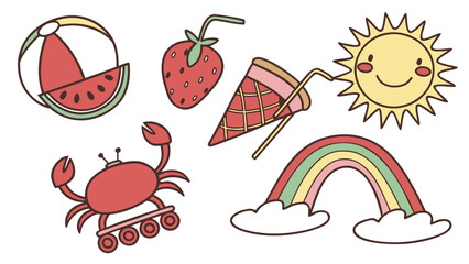 Playful summer doodles featuring a sun, a crab, a strawberry, ice cream, and a rainbow.