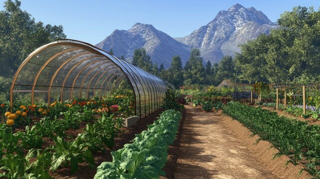 Serene Mountain Garden: A picturesque view of a flourishing garden nestled amidst majestic mountains, showcasing a greenhouse and diverse vegetation.