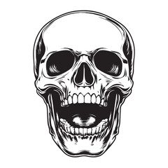Fototapeta premium Terrifying screaming skull vector silhouette, Skull Tattoo Vector Art Illustration, Human skull vector illustration, Detailed vintage art silhouette of a human skull 