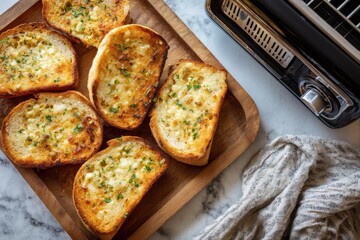 Deliciously Toasted Garlic Bread Slices on Wooden Serving Board