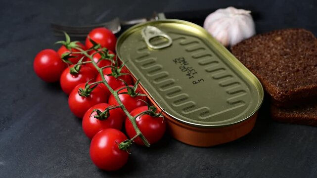 Gourmet scene: canned fish with fresh tomatoes, garlic, and rye bread on dark surface