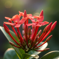 Fototapeta premium A front close-up of red Asoka flower buds, gently illuminated by the soft light of morning.
