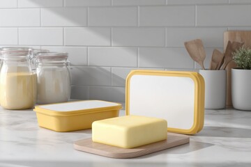 Fresh Butter on Countertop with Containers and Kitchen Utensils