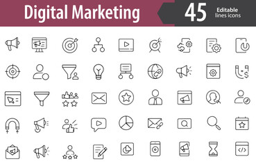 Digital Marketing Line Icons, SEO Optimization, Email Campaign, Social Media Strategy, PPC Advertising, Analytics Dashboard, Editable Formats: AI, EPS, PNG, Ideal for Both Digital and Print Use
