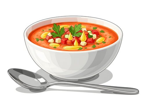 gazpacho soup in white bowl with spoon clip art preview