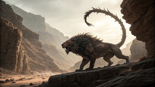 A monstrous manticore lurking in a desert canyon, spiked tail raised and ready