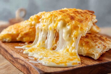 Golden Cheese Melt on Wooden Board with Stretchy Texture and Flavor