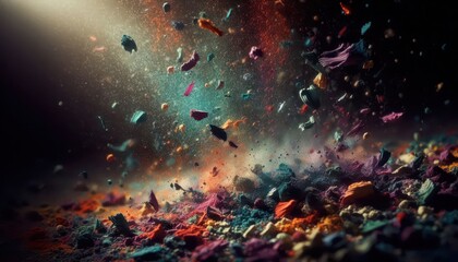 Colorful fragments floating in air, showcasing the concept of HEAVILY CRAFTED  
