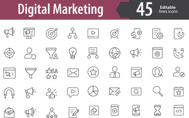 Digital Marketing Line Icons, SEO Optimization, Email Campaign, Social Media Strategy, PPC Advertising, Analytics Dashboard, Editable Formats: AI, EPS, PNG, Ideal for Both Digital and Print Use
