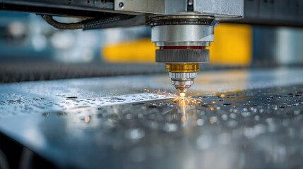 Ultra quality image of close-up of a metal laser cutter machine showcasing the beam slicing through a metallic sheet.