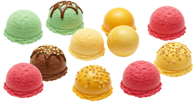 Assorted fruit flavored ice cream scoops with toppings arranged on a clean white surface