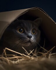 Curious cat hiding inside cardboard box with golden eyes and straw background