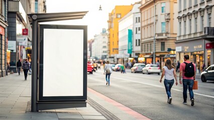 Vibrant vertical ad frame along a bustling urban street?captures dynamic city energy.