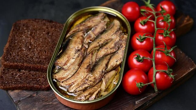 Fresh canned sardines with rustic bread and vibrant tomatoes on dark background