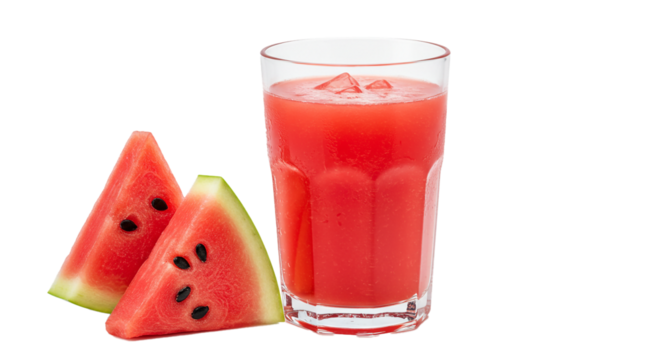 Refreshing watermelon beverage with icy coolness displayed near cut fruit pieces
