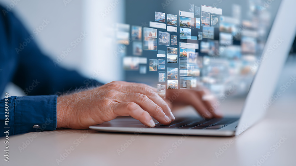 Fototapete hands typing on a laptop keyboard under a prompt bar with an image icon, collage graphic style, isol