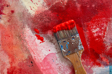 Künstlerpinsel mit roter Farbe auf abstrakter Malfläche
