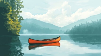 A lonely canoe drifting on a peaceful lake during summer