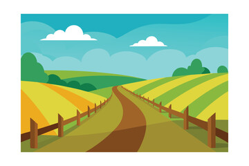 Obraz premium Cartoon Landscape Of Fence On Horizon With Field Lines
